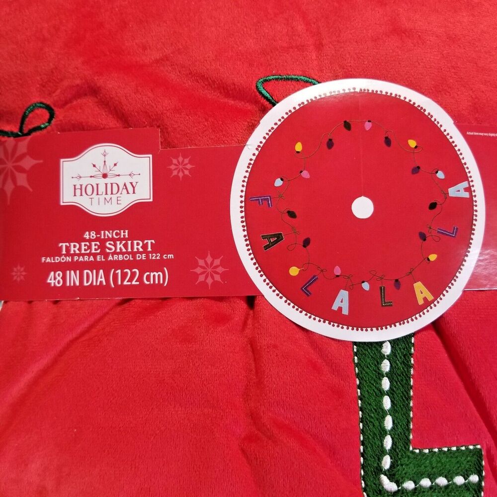 Tree Skirt Holiday Time FA LA LA LA Embroidered Design Pom-Pom Edges 48" Round